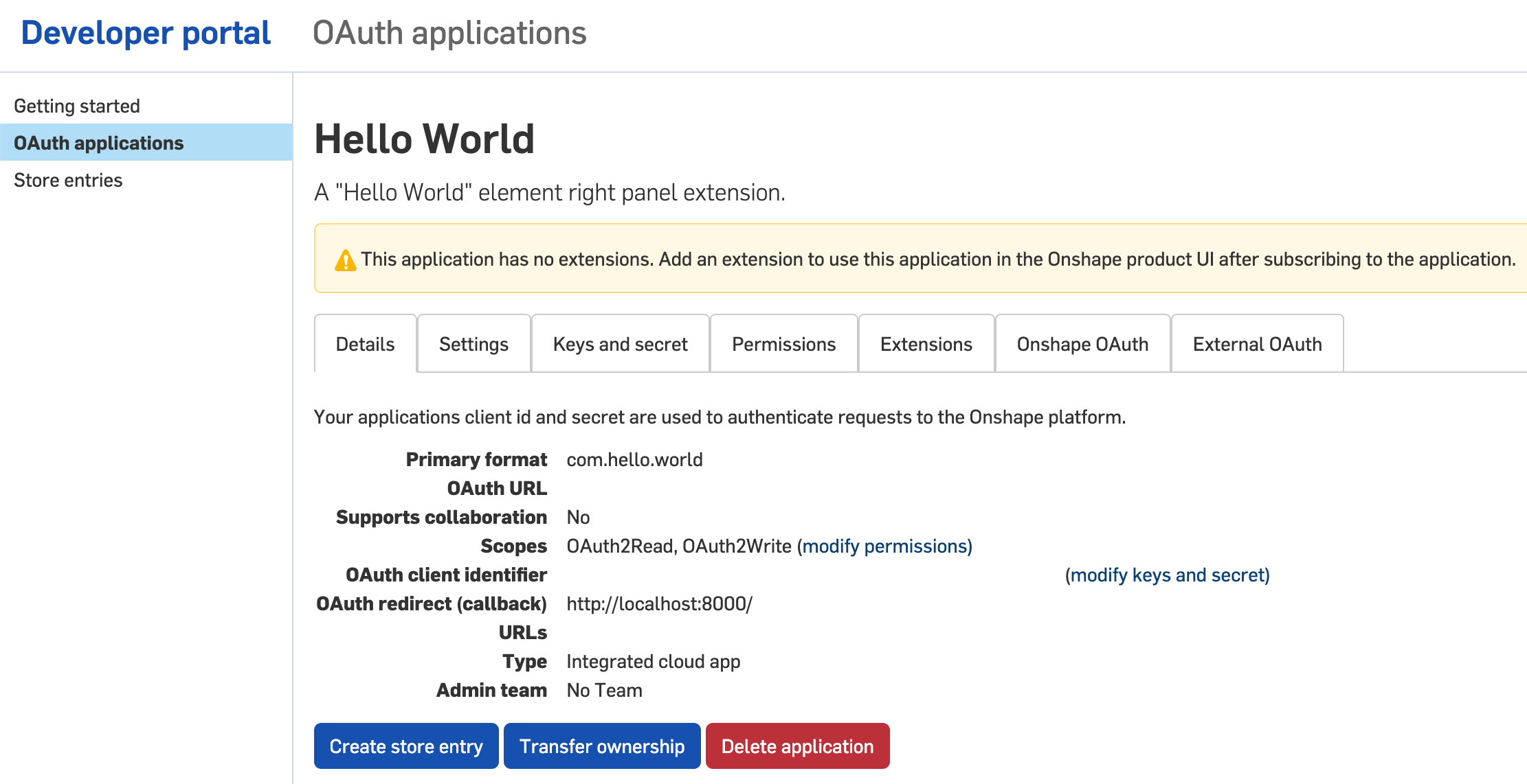 new app in the dev portal