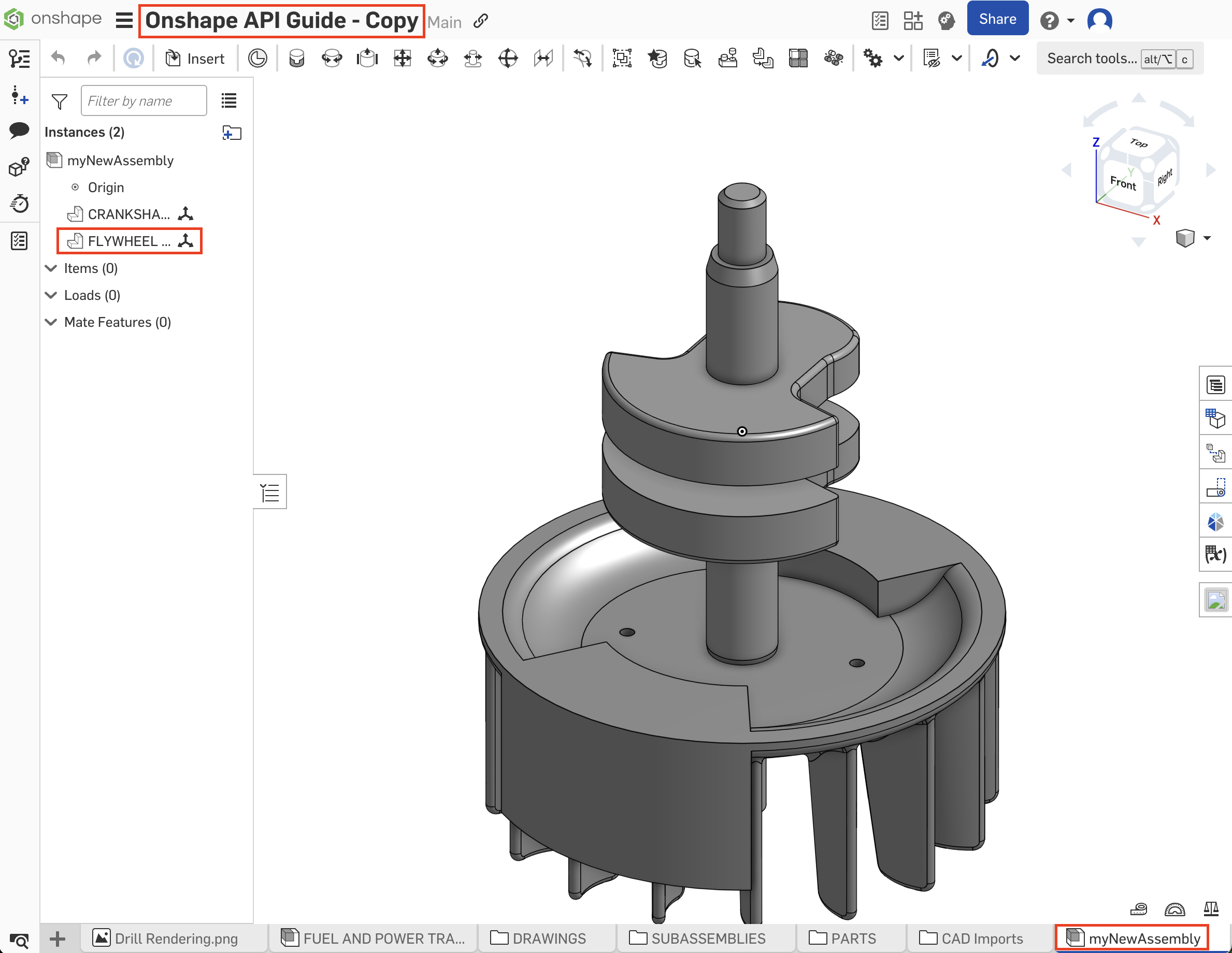 new assembly tab showing both the crankshaft and flywheel part instances