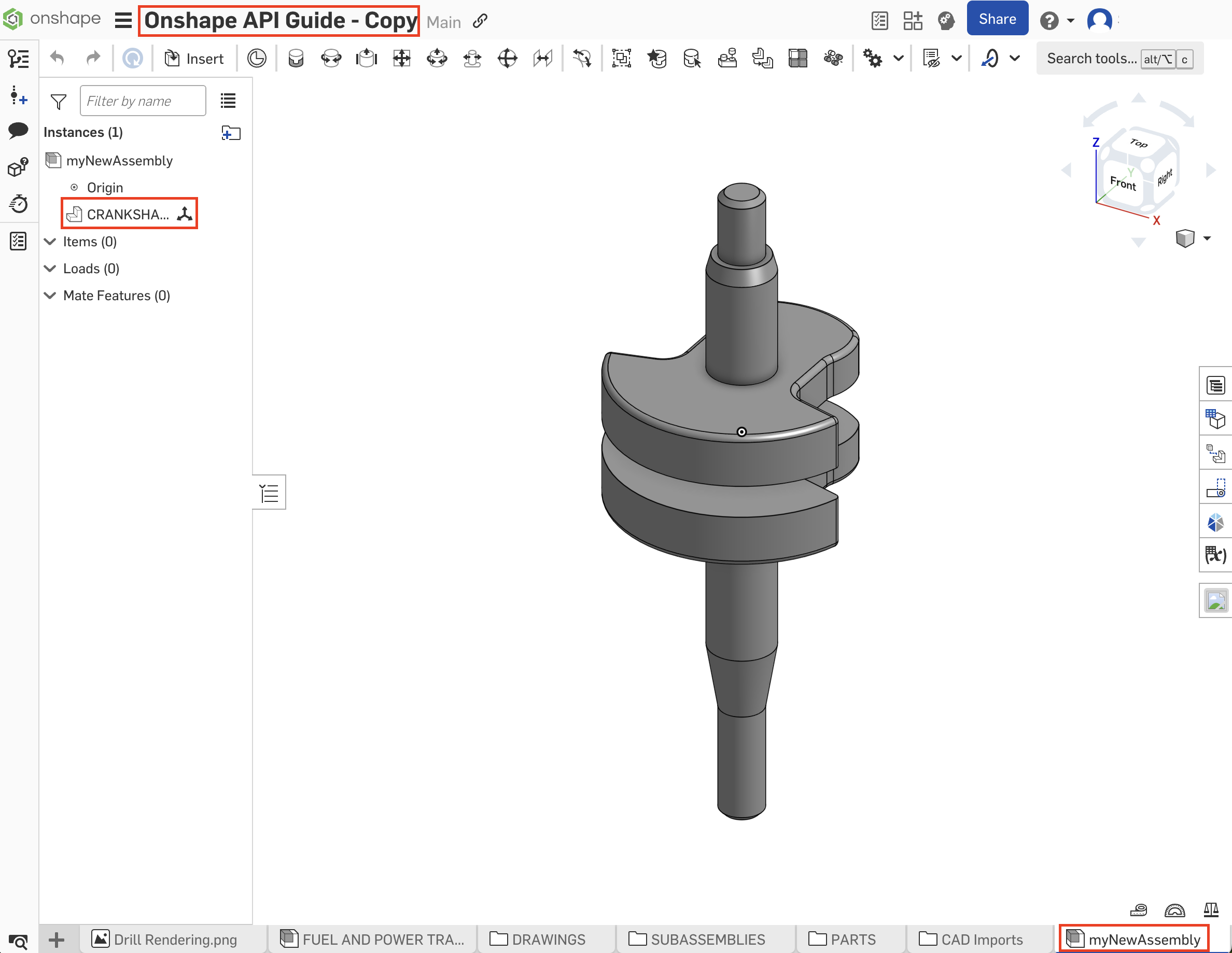 new assembly tab showing the crankshaft part instance