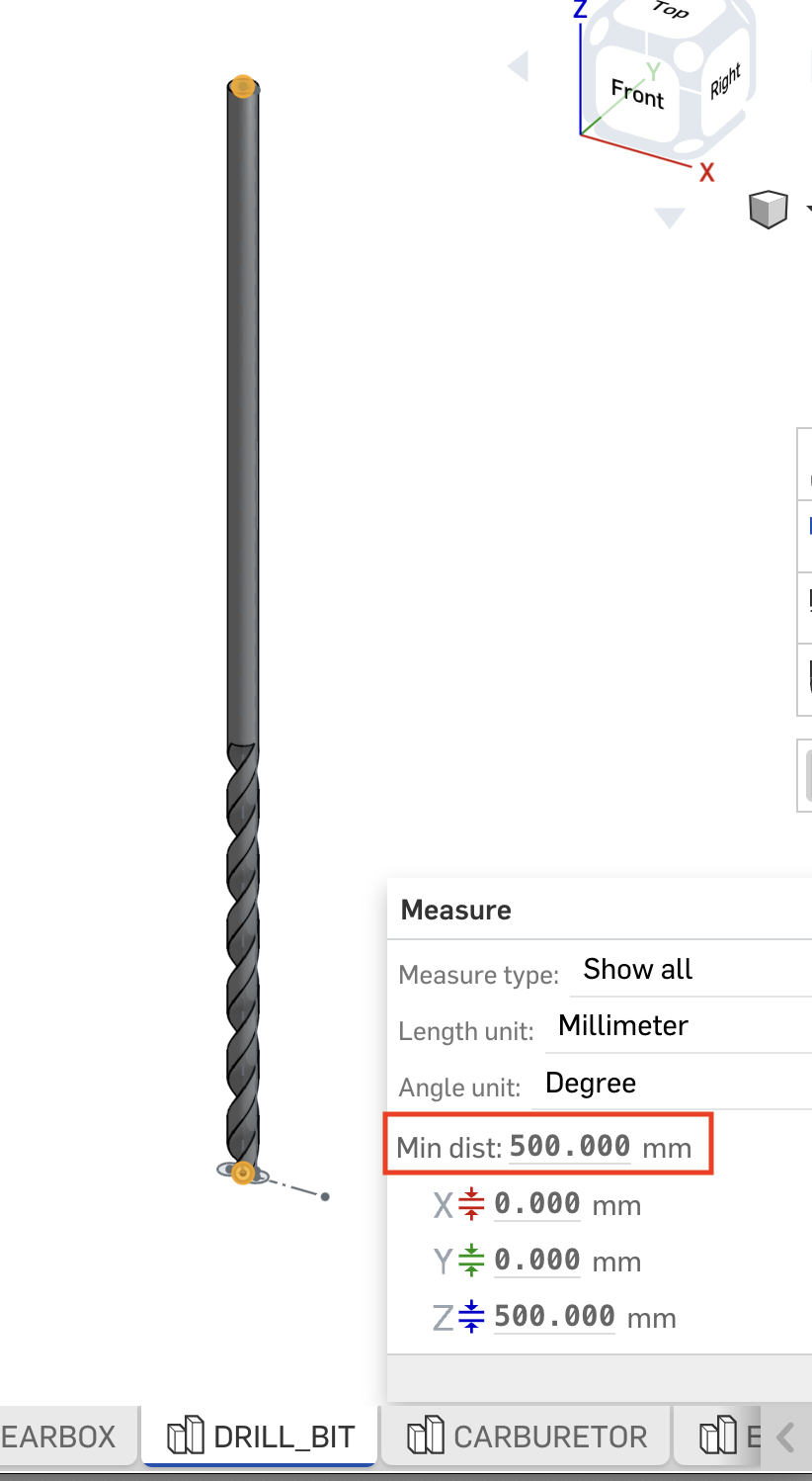 Measure tool in Onshape UI showing drill length as 500 mm