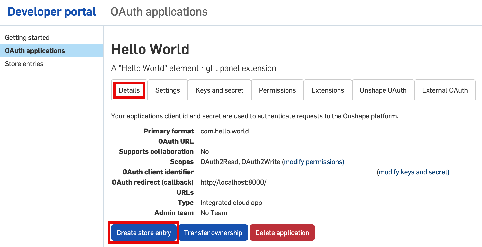 Create store entry button in the dev portal