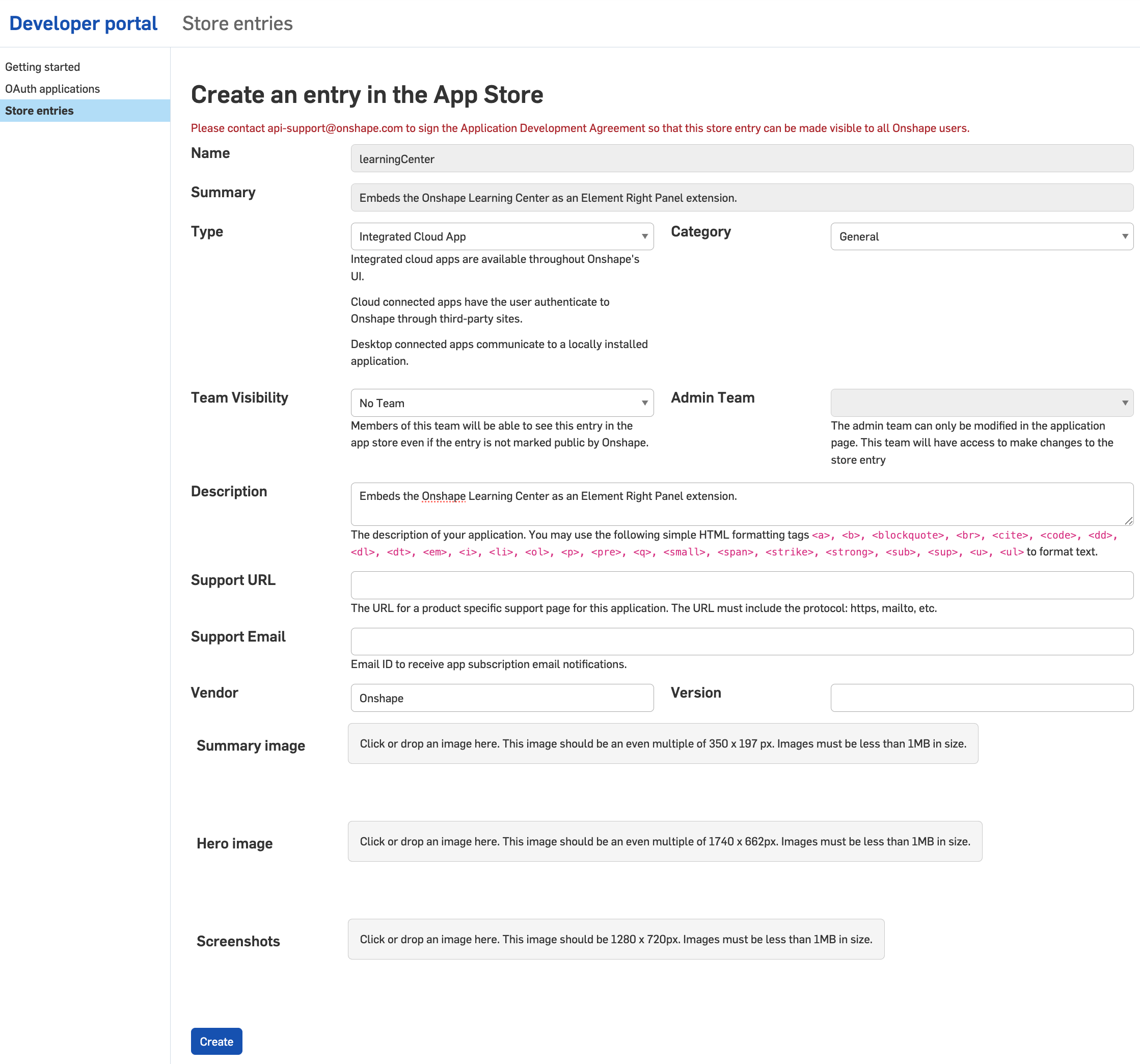 Create store entry form in the dev portal
