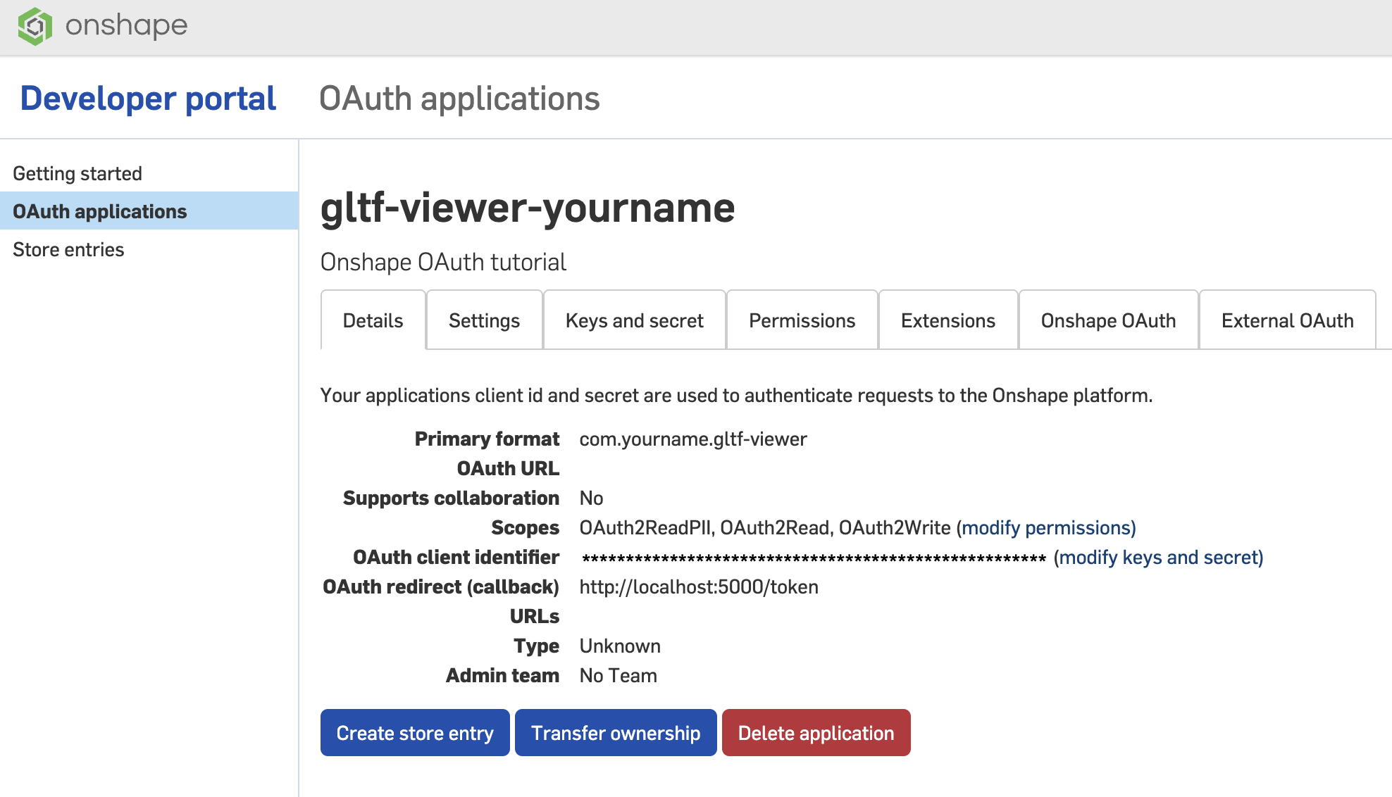 the gltf-viewer app in the onshape dev portal app details screen