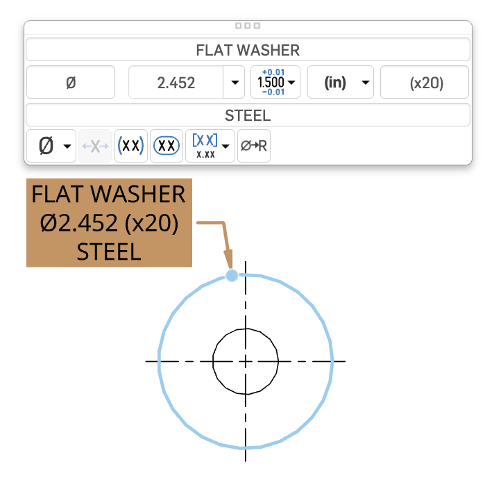 annotation with text above, below, before, and after the dimension