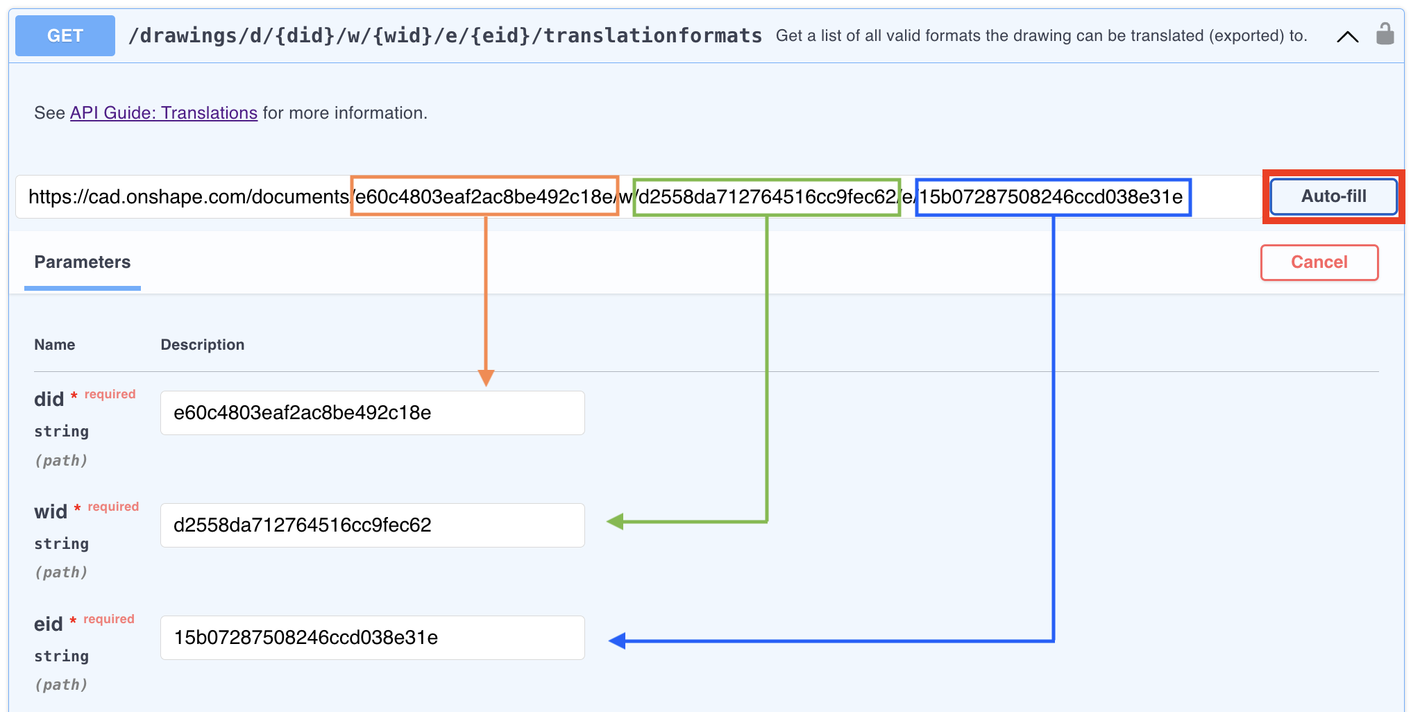 the autofill button copies document ids into their respective parameter fields in glassworks