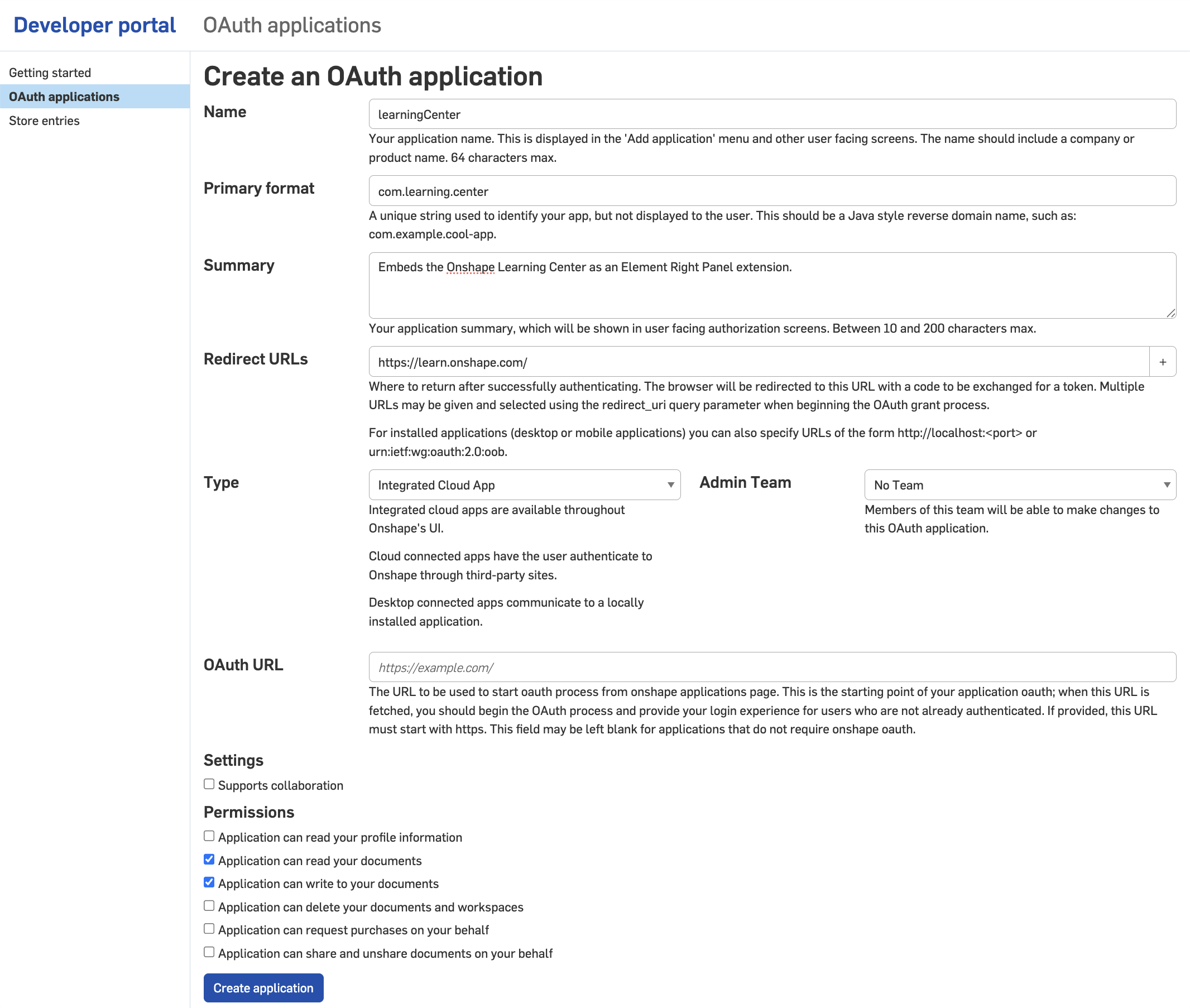 Create an application form in the dev portal