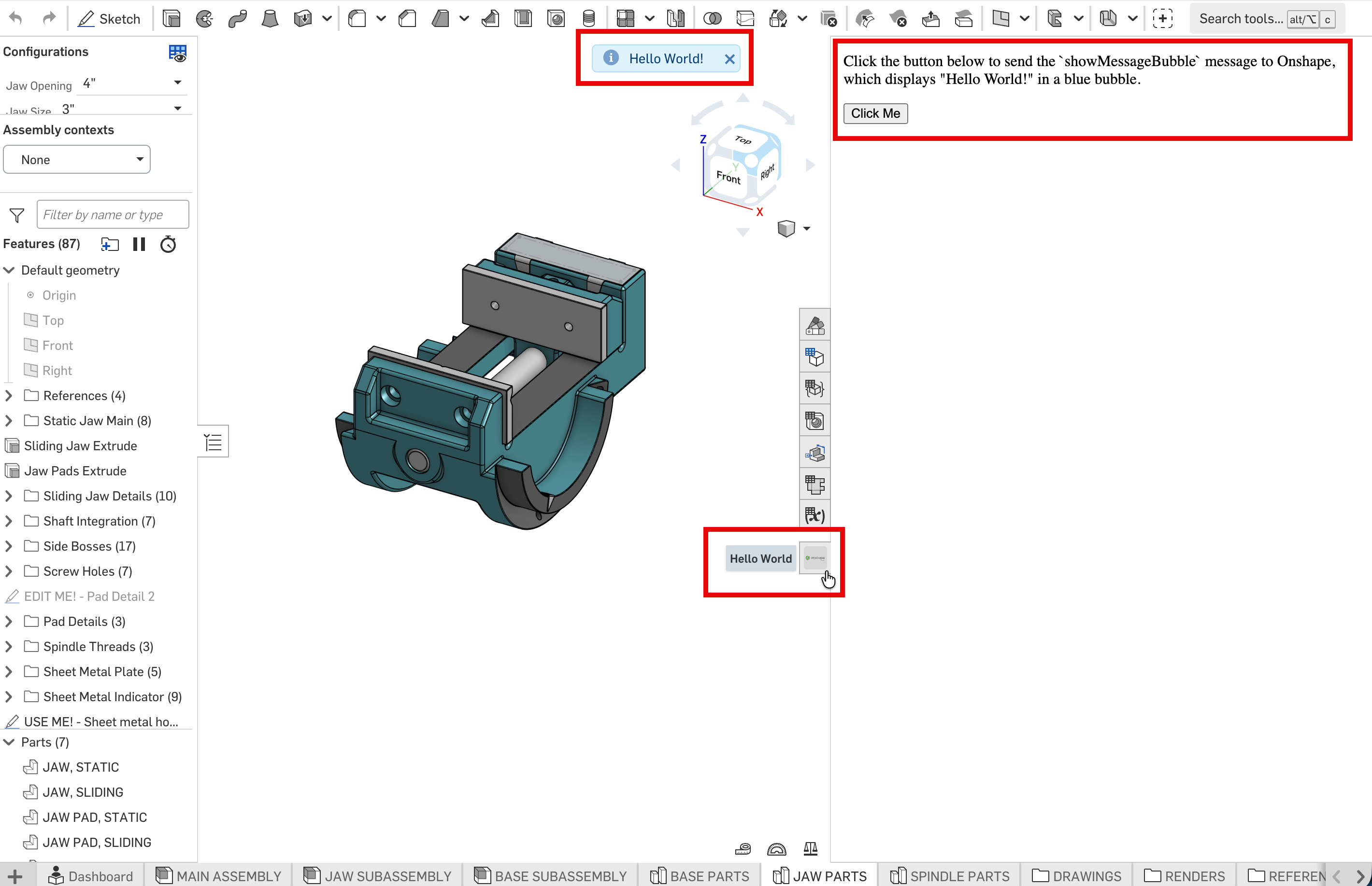 Click Me button visible in the Element Right Panel and Hello World message displayed