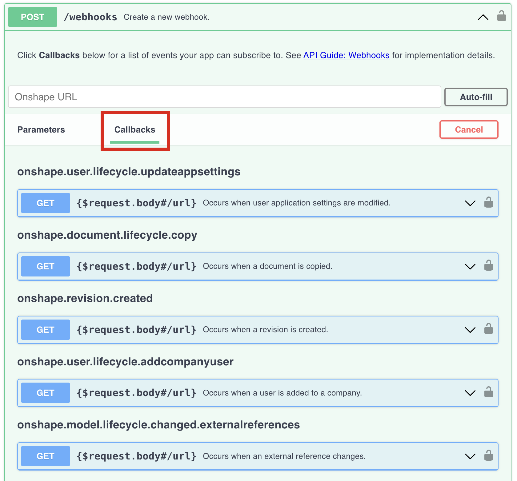callbacks in the Glassworks Webhook > createWebhook > Callback page